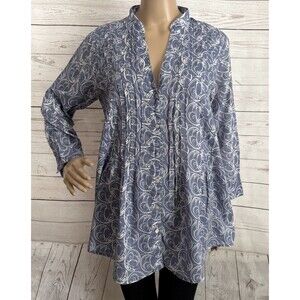 Wild Coast Blouse Small Medium S/M Blue White Ocean Pattern 100% Cotton Tunic